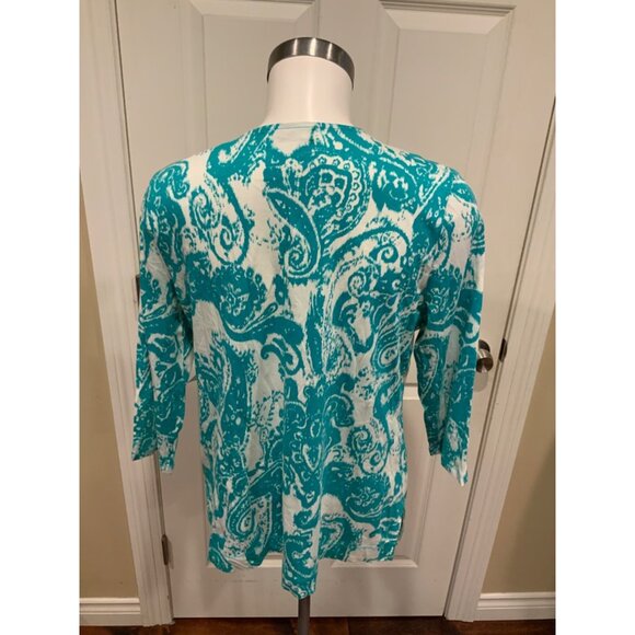 Lauren Ralph Lauren Petite Teal Blue & White Patterned 3/4 Sleeve Shirt, Size PL - Picture 4 of 5